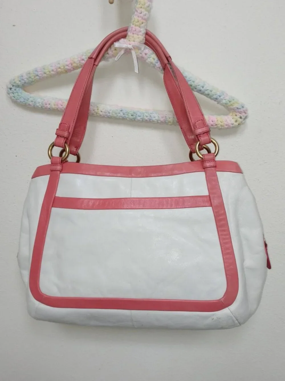 Coach Cricket Satchel Purse White & Coral Pink Bag Y2K Vintage
